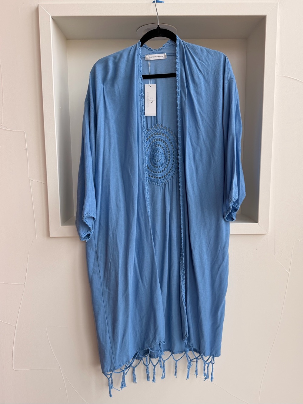 Born in Stockholm- Women’s Light Blue Open-Front Crochet-Trim Kimono